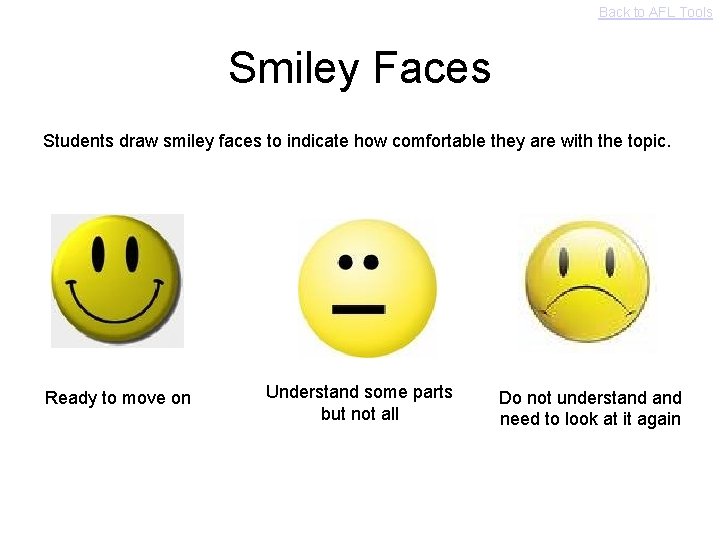 Back to AFL Tools Smiley Faces Students draw smiley faces to indicate how comfortable