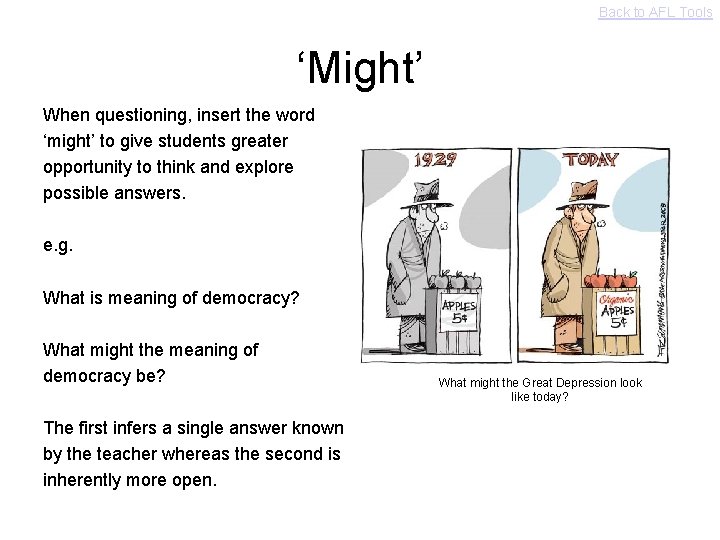 Back to AFL Tools ‘Might’ When questioning, insert the word ‘might’ to give students