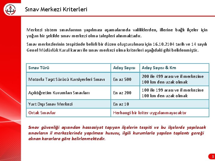 Sınav Merkezi Kriterleri Merkezi sistem sınavlarının yapılması aşamalarında valiliklerden, illerine bağlı ilçeler için yoğun