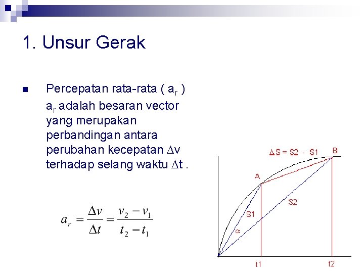 1. Unsur Gerak n Percepatan rata-rata ( ar ) ar adalah besaran vector yang