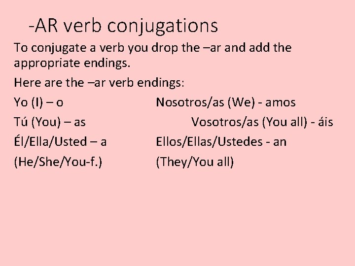 -AR verb conjugations To conjugate a verb you drop the –ar and add the -AR verb conjugations To conjugate a verb you drop the –ar and add the