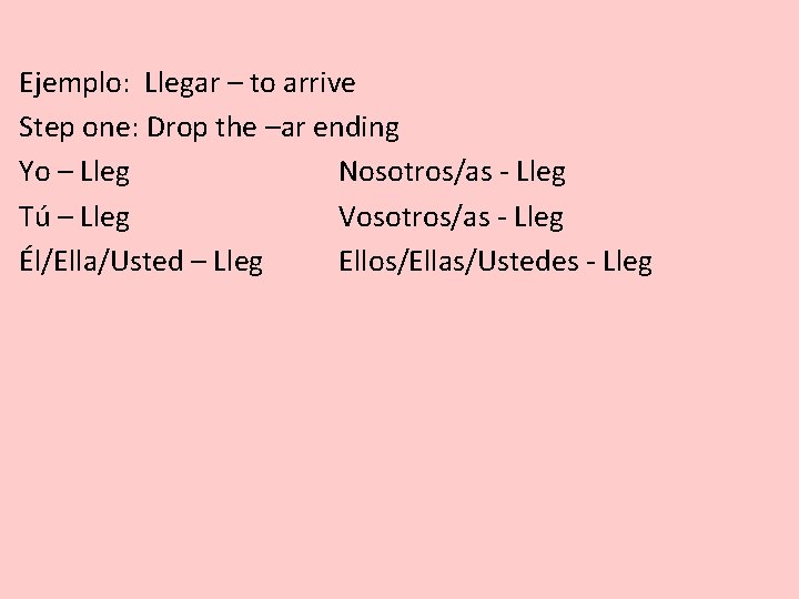 Ejemplo: Llegar – to arrive Step one: Drop the –ar ending Yo – Lleg Ejemplo: Llegar – to arrive Step one: Drop the –ar ending Yo – Lleg