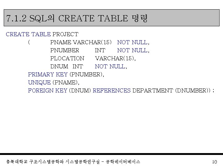 7. 1. 2 SQL의 CREATE TABLE 명령 CREATE TABLE PROJECT ( PNAME VARCHAR(15) NOT