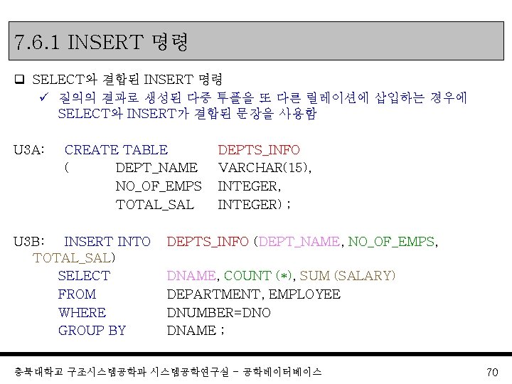 7. 6. 1 INSERT 명령 q SELECT와 결합된 INSERT 명령 ü 질의의 결과로 생성된