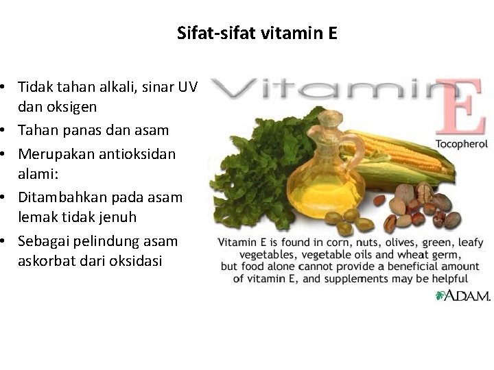 Sifat-sifat vitamin E • Tidak tahan alkali, sinar UV dan oksigen • Tahan panas