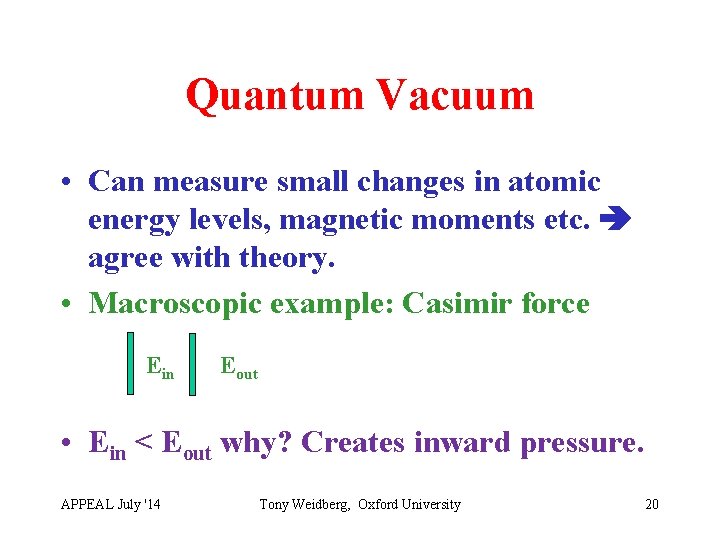 Quantum Vacuum • Can measure small changes in atomic energy levels, magnetic moments etc.