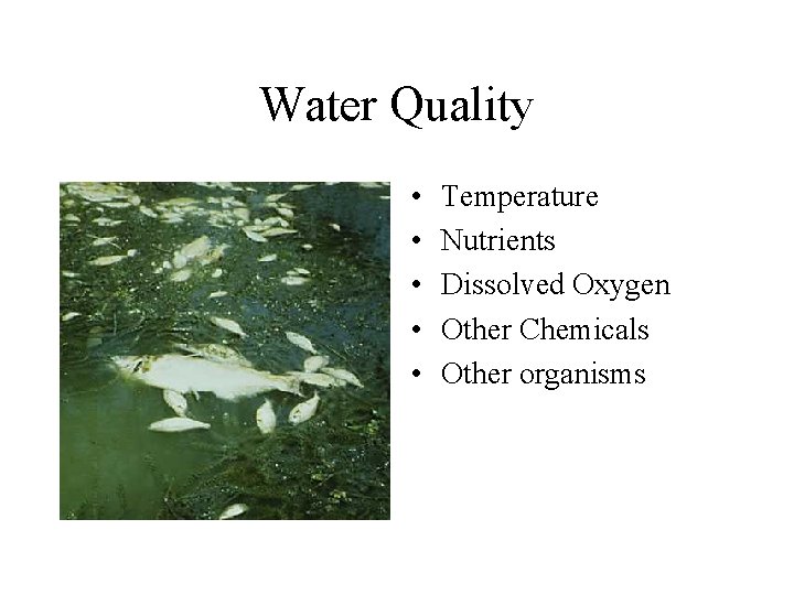 Water Quality • • • Temperature Nutrients Dissolved Oxygen Other Chemicals Other organisms 