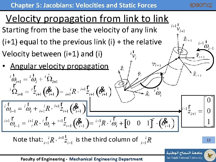 Chapter 5: Jacobians: Velocities and Static Forces ROBOTICS Velocity propagation from link to link Chapter 5: Jacobians: Velocities and Static Forces ROBOTICS Velocity propagation from link to link