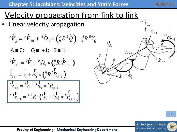 Chapter 5: Jacobians: Velocities and Static Forces ROBOTICS Velocity propagation from link to link Chapter 5: Jacobians: Velocities and Static Forces ROBOTICS Velocity propagation from link to link