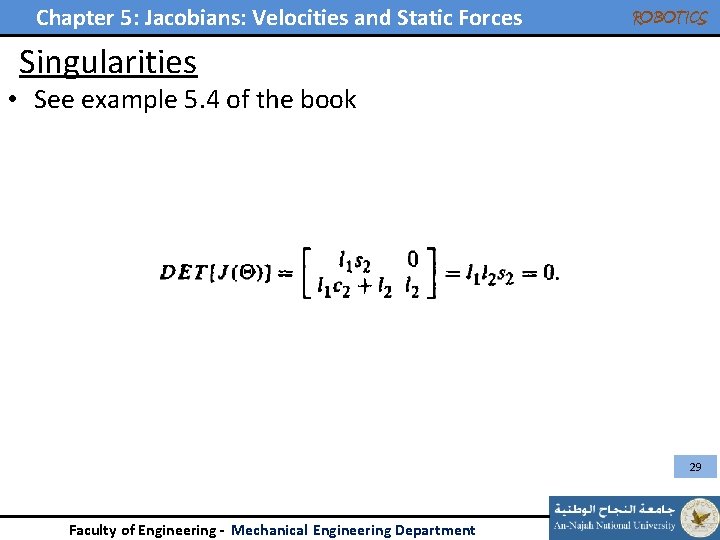 Chapter 5: Jacobians: Velocities and Static Forces ROBOTICS Singularities • See example 5. 4 Chapter 5: Jacobians: Velocities and Static Forces ROBOTICS Singularities • See example 5. 4