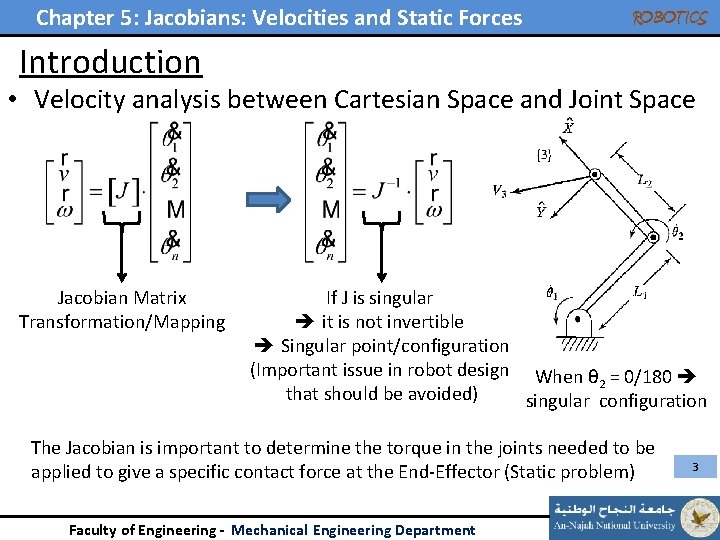 Chapter 5: Jacobians: Velocities and Static Forces ROBOTICS Introduction • Velocity analysis between Cartesian Chapter 5: Jacobians: Velocities and Static Forces ROBOTICS Introduction • Velocity analysis between Cartesian
