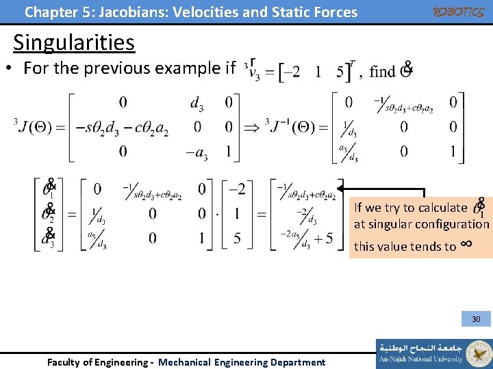 Chapter 5: Jacobians: Velocities and Static Forces ROBOTICS Singularities • For the previous example Chapter 5: Jacobians: Velocities and Static Forces ROBOTICS Singularities • For the previous example