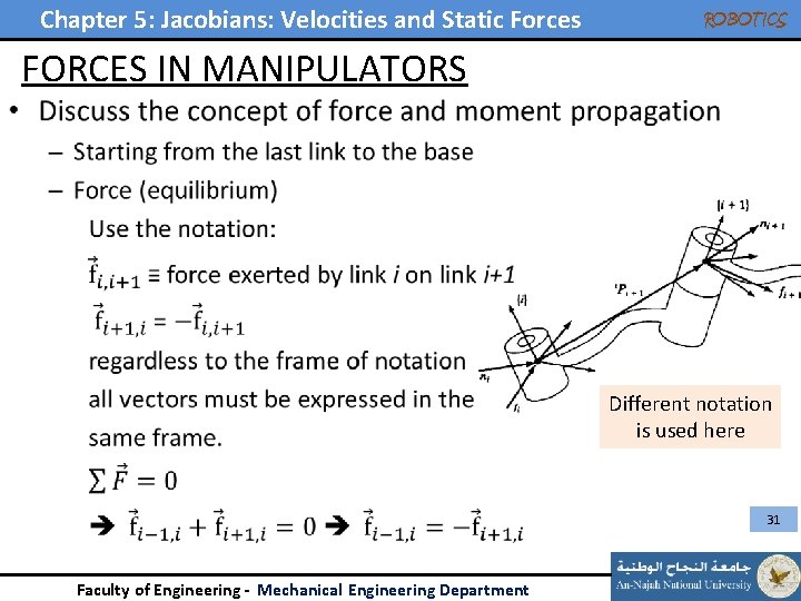 Chapter 5: Jacobians: Velocities and Static Forces • ROBOTICS FORCES IN MANIPULATORS Different notation Chapter 5: Jacobians: Velocities and Static Forces • ROBOTICS FORCES IN MANIPULATORS Different notation