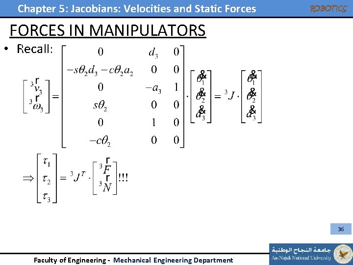 Chapter 5: Jacobians: Velocities and Static Forces ROBOTICS FORCES IN MANIPULATORS • Recall: 36 Chapter 5: Jacobians: Velocities and Static Forces ROBOTICS FORCES IN MANIPULATORS • Recall: 36