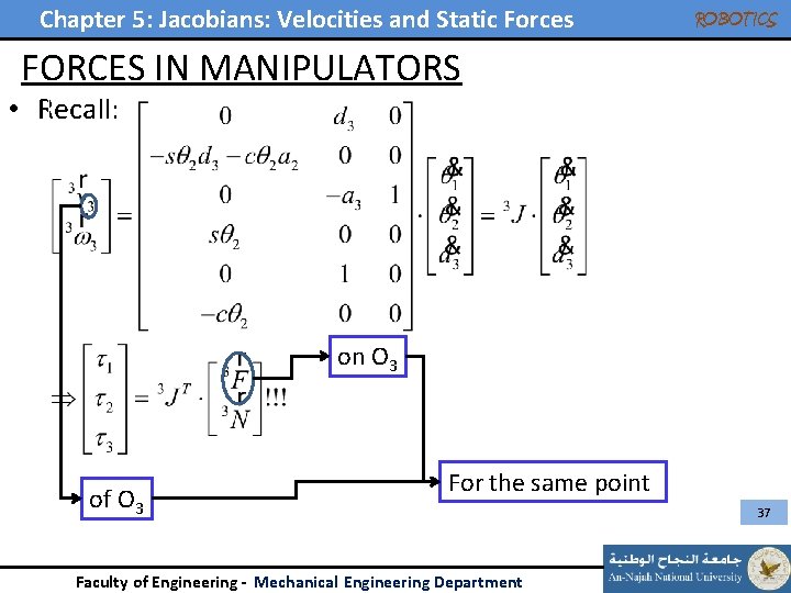 Chapter 5: Jacobians: Velocities and Static Forces ROBOTICS FORCES IN MANIPULATORS • Recall: on Chapter 5: Jacobians: Velocities and Static Forces ROBOTICS FORCES IN MANIPULATORS • Recall: on
