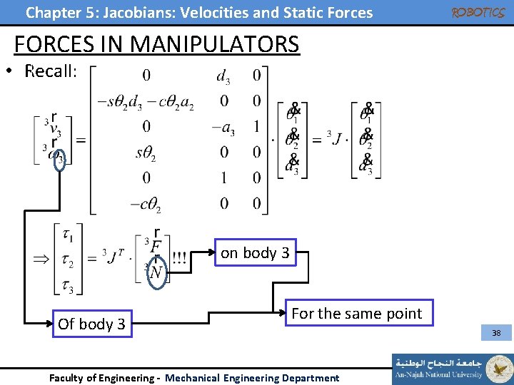 Chapter 5: Jacobians: Velocities and Static Forces ROBOTICS FORCES IN MANIPULATORS • Recall: on Chapter 5: Jacobians: Velocities and Static Forces ROBOTICS FORCES IN MANIPULATORS • Recall: on