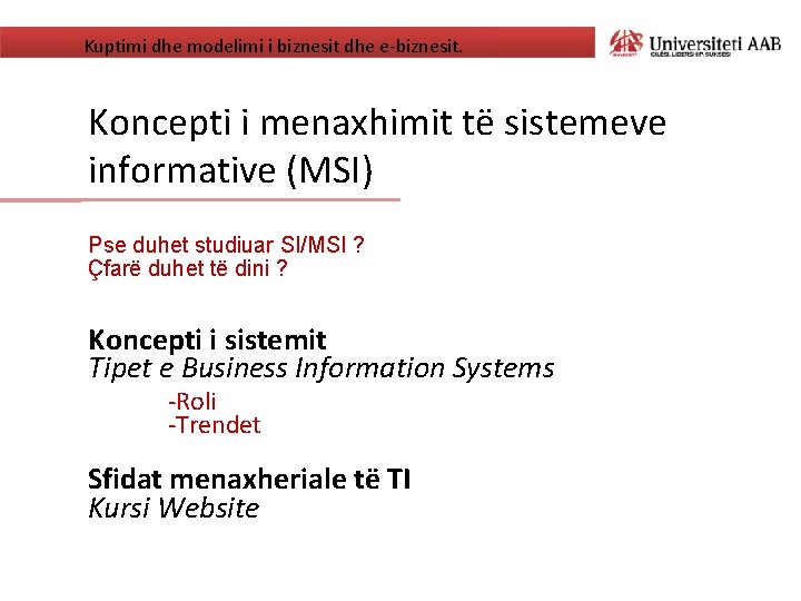 Kuptimi dhe modelimi i biznesit dhe e-biznesit. Koncepti i menaxhimit të sistemeve informative (MSI)