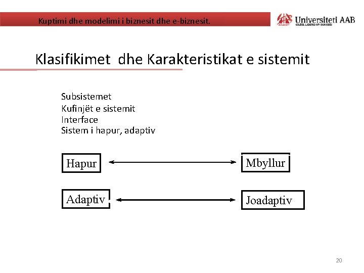 Kuptimi dhe modelimi i biznesit dhe e-biznesit. Klasifikimet dhe Karakteristikat e sistemit Subsistemet Kufinjët