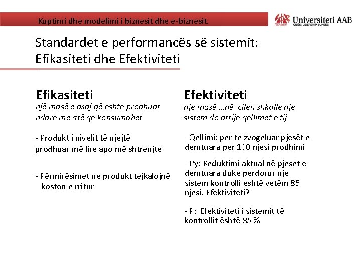 Kuptimi dhe modelimi i biznesit dhe e-biznesit. Standardet e performancës së sistemit: Efikasiteti dhe