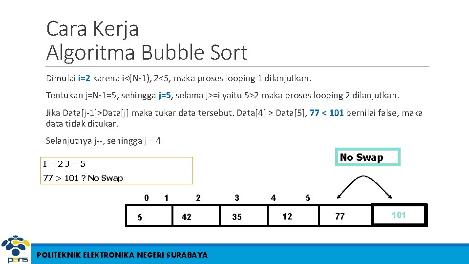 Cara Kerja Algoritma Bubble Sort Dimulai i=2 karena i<(N-1), 2<5, maka proses looping 1