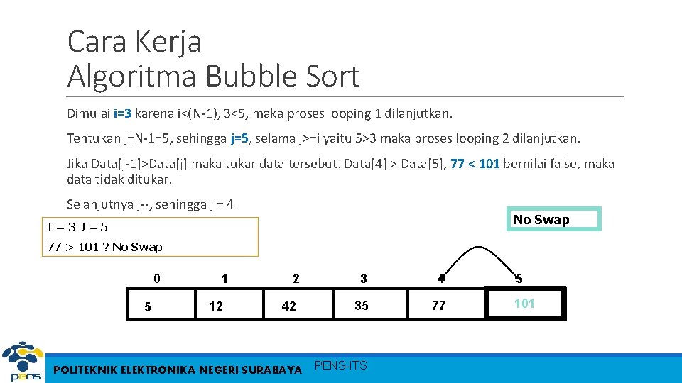 Cara Kerja Algoritma Bubble Sort Dimulai i=3 karena i<(N-1), 3<5, maka proses looping 1