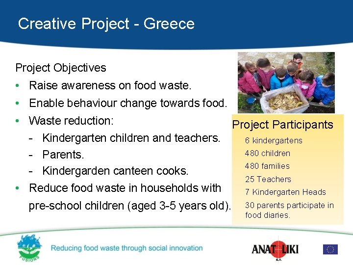 Creative Project - Greece Project Objectives • Raise awareness on food waste. • Enable