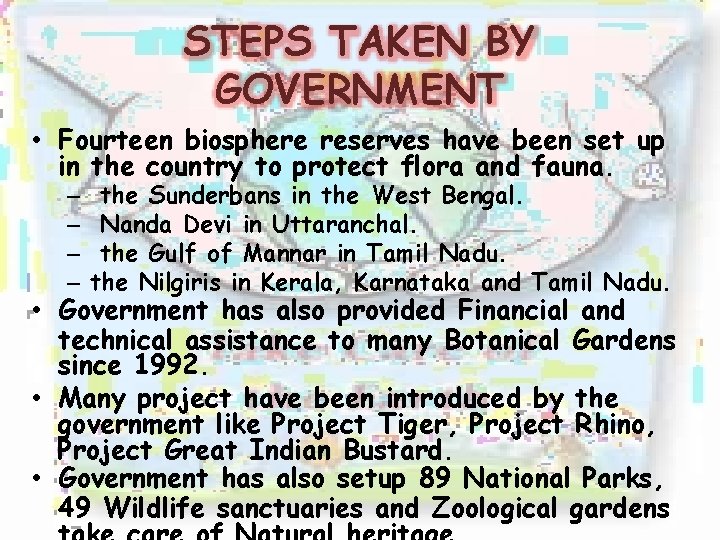 STEPS TAKEN BY GOVERNMENT • Fourteen biosphere reserves have been set up in the