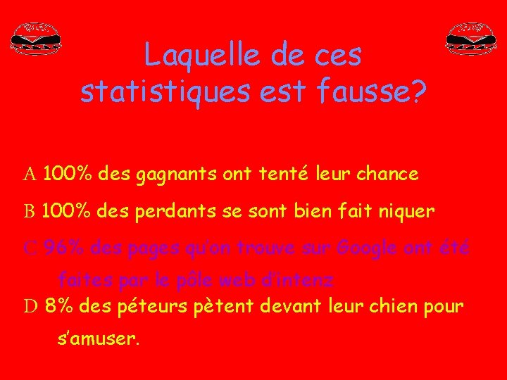 Laquelle de ces statistiques est fausse? A 100% des gagnants ont tenté leur chance Laquelle de ces statistiques est fausse? A 100% des gagnants ont tenté leur chance