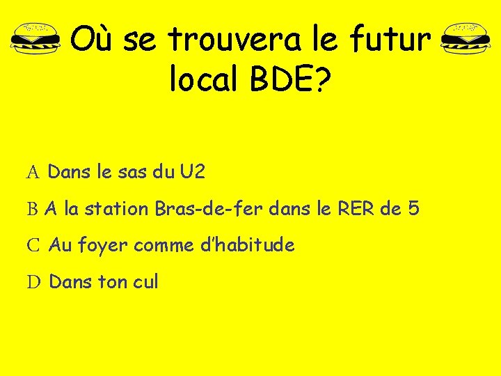 Où se trouvera le futur local BDE? A Dans le sas du U 2 Où se trouvera le futur local BDE? A Dans le sas du U 2