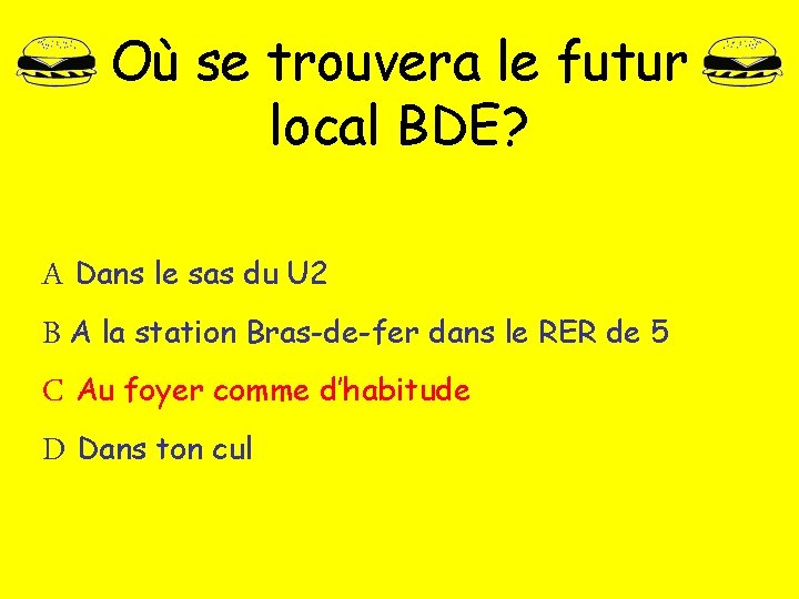 Où se trouvera le futur local BDE? A Dans le sas du U 2 Où se trouvera le futur local BDE? A Dans le sas du U 2