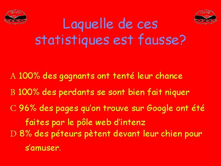 Laquelle de ces statistiques est fausse? A 100% des gagnants ont tenté leur chance Laquelle de ces statistiques est fausse? A 100% des gagnants ont tenté leur chance