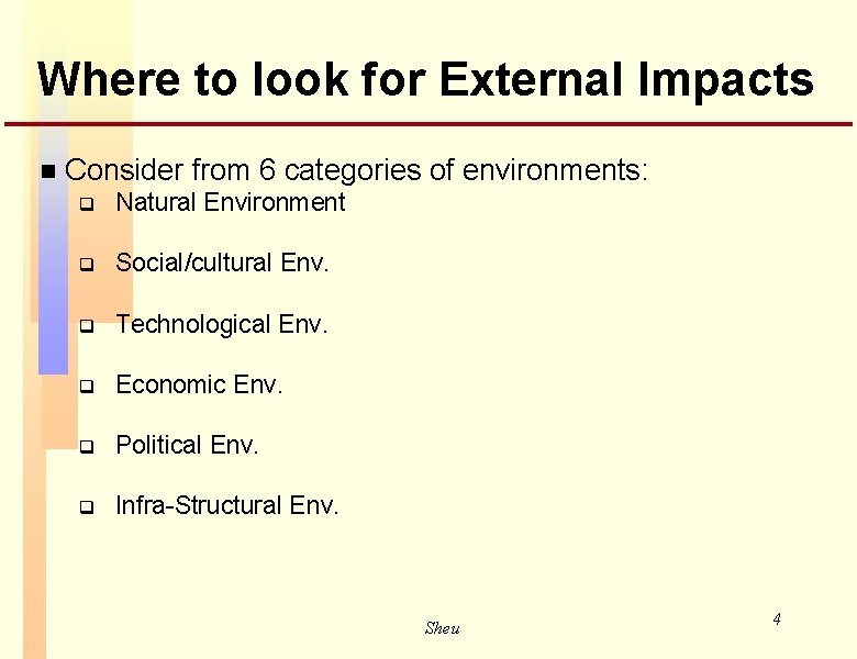 Where to look for External Impacts n Consider from 6 categories of environments: q