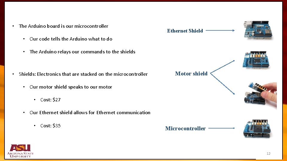  • The Arduino board is our microcontroller Ethernet Shield • Our code tells