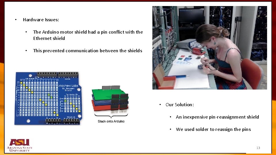  • Hardware Issues: • The Arduino motor shield had a pin conflict with