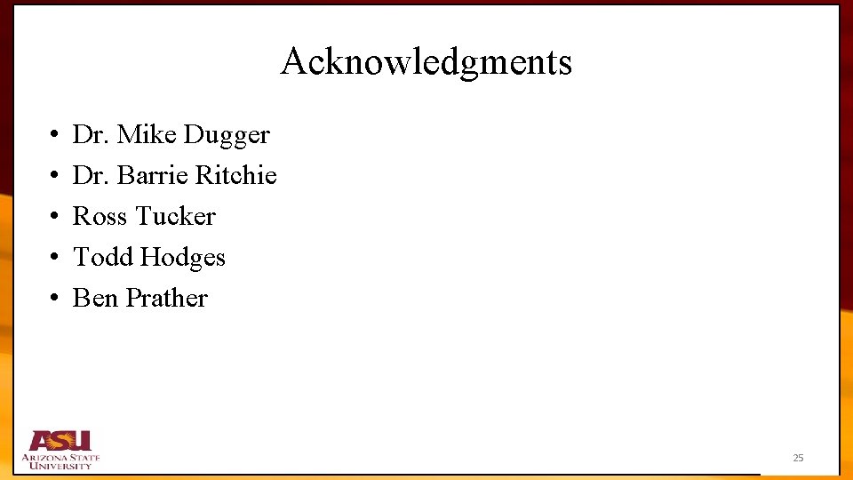 Acknowledgments • • • Dr. Mike Dugger Dr. Barrie Ritchie Ross Tucker Todd Hodges