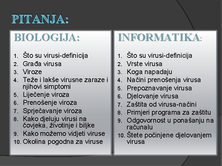 PITANJA: BIOLOGIJA: INFORMATIKA: Što su virusi-definicija Građa virusa Viroze Teže i lakše virusne zaraze