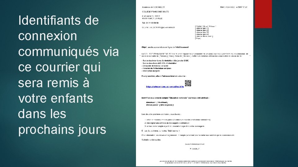 Identifiants de connexion communiqués via ce courrier qui sera remis à votre enfants dans