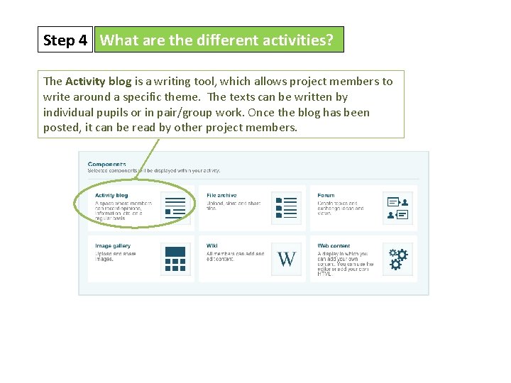 Step 4 What are the different activities? The Activity blog is a writing tool,