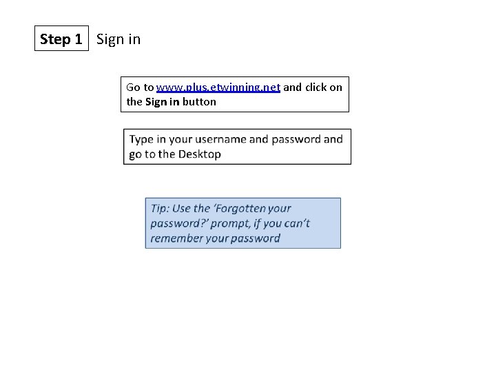Step 1 Sign in Go to www. plus. etwinning. net and click on the