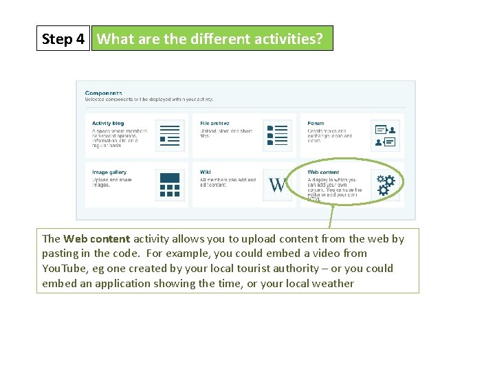 Step 4 What are the different activities? The Web content activity allows you to