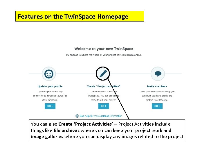 Features on the Twin. Space Homepage You can also Create ‘Project Activities’ – Project