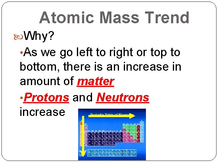 Atomic Mass Trend Why? • As we go left to right or top to Atomic Mass Trend Why? • As we go left to right or top to