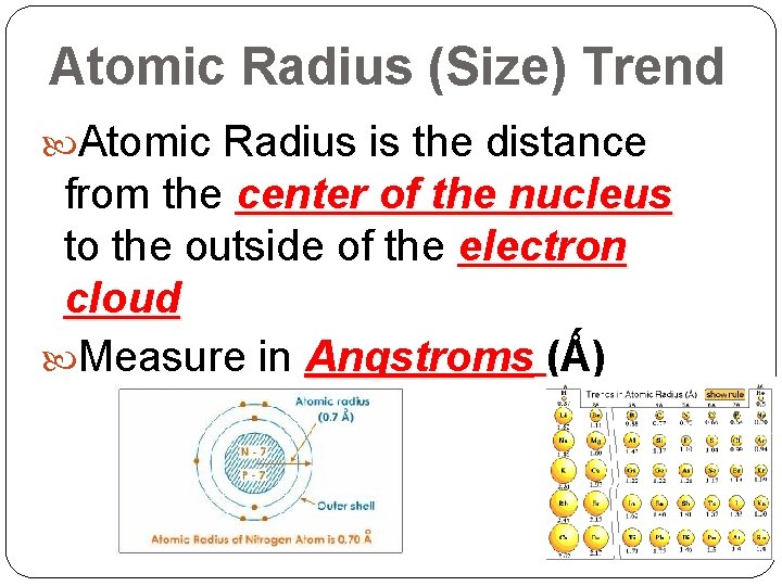 Atomic Radius (Size) Trend Atomic Radius is the distance from the center of the Atomic Radius (Size) Trend Atomic Radius is the distance from the center of the