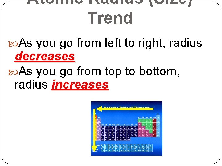 Atomic Radius (Size) Trend As you go from left to right, radius decreases As Atomic Radius (Size) Trend As you go from left to right, radius decreases As