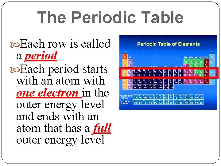 The Periodic Table Each row is called a period Each period starts with an The Periodic Table Each row is called a period Each period starts with an