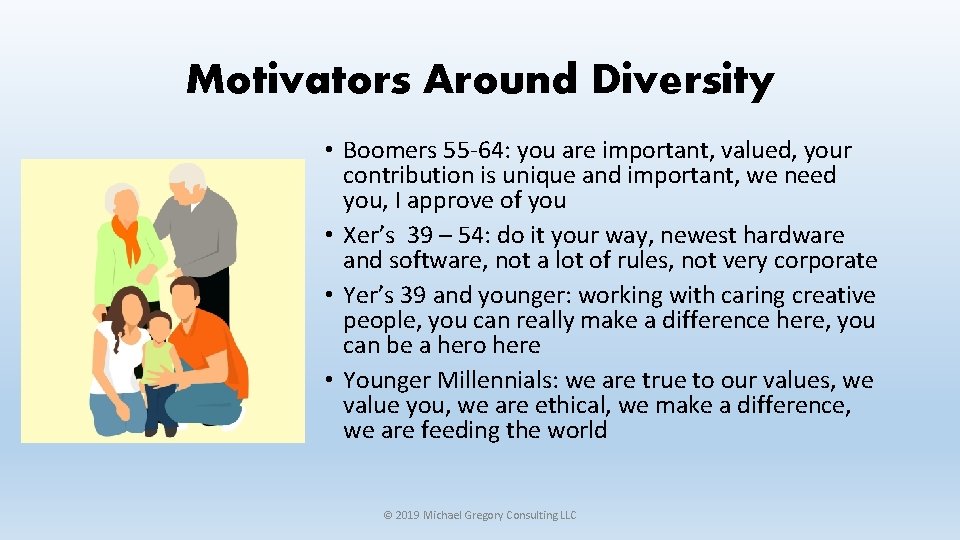 Motivators Around Diversity • Boomers 55 -64: you are important, valued, your contribution is