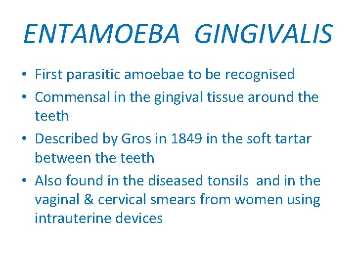 ENTAMOEBA GINGIVALIS • First parasitic amoebae to be recognised • Commensal in the gingival