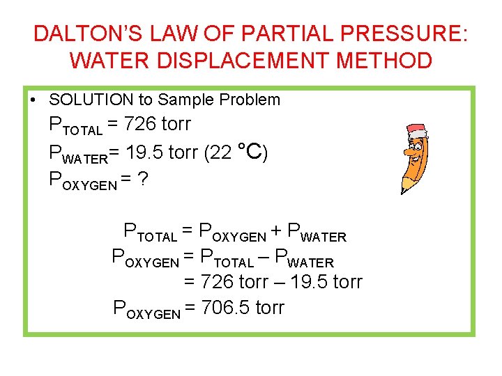 DALTON’S LAW OF PARTIAL PRESSURE: WATER DISPLACEMENT METHOD • SOLUTION to Sample Problem PTOTAL