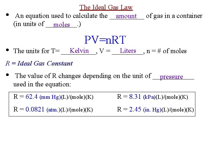  • • The Ideal Gas Law An equation used to calculate the _____