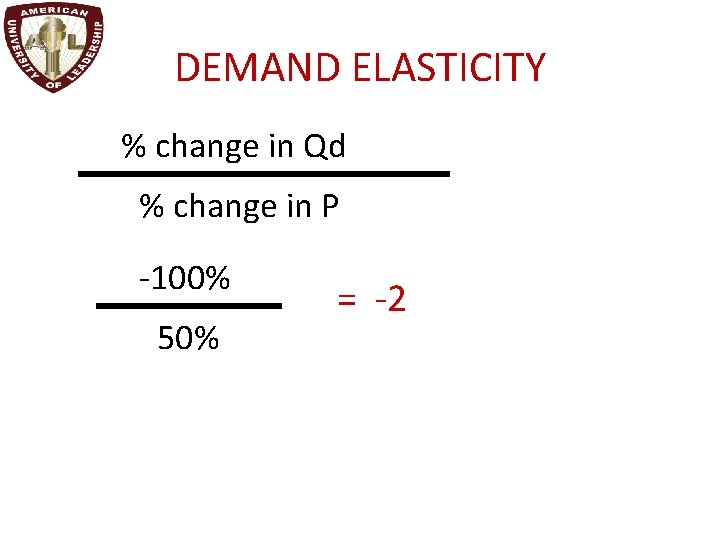 DEMAND ELASTICITY % change in Qd % change in P -100% 50% = -2